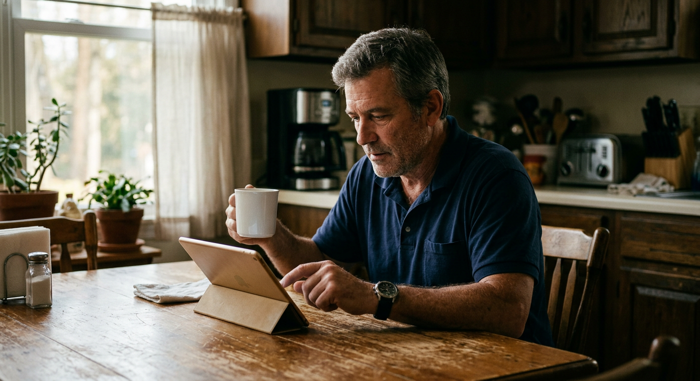 A contractor reviewing a tablet over coffee at his kitchen table in the morning