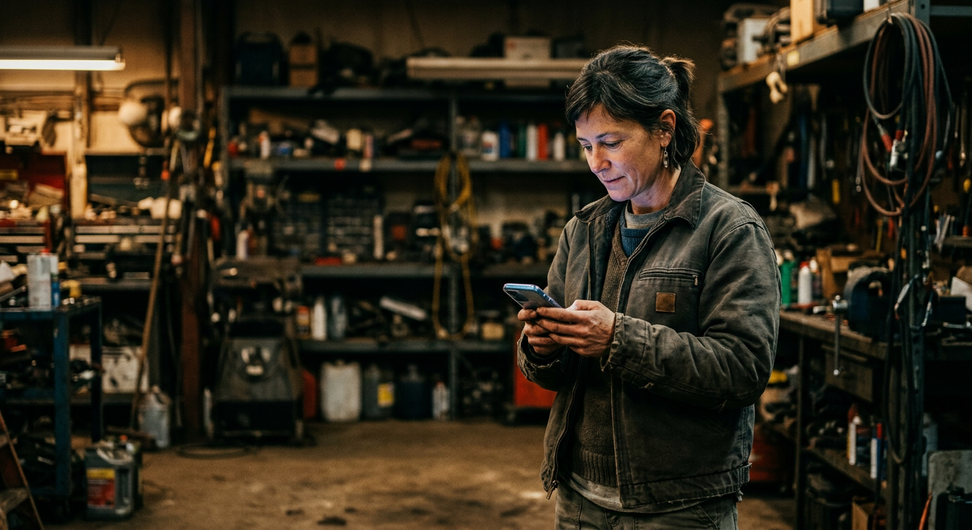 A contractor checking a message on her phone in a dim workshop